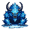 A blue crystal and dark fur ice demon with bared teeth and glowing yellow eyes, hands resting on ice.