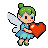 Small pixie with green hair and translucent wings holds and presents a red heart, golden star, gold coin, game controller, and silver key.