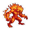 A pixelated fire elemental with a snarling face and tensed limbs, trailing wisps of flame.