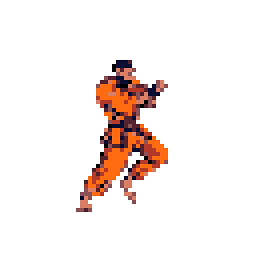 Stylized martial artist in an orange gi and dark belt, mid-kick or attack, against a muted reddish-brown background.