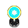 A dark, cloaked skeletal figure hovers beneath a powerful, glowing blue and yellow energy sphere.