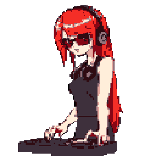 Red-haired female DJ with sunglasses and headphones, hands hovering over a DJ turntable.