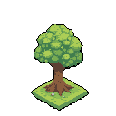 Isometric view of a single, stylized deciduous tree with a dense green canopy and gnarled brown trunk, standing on a small, floating green grass square against a solid brown background.