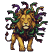 A lion with a mane of writhing green and purple snakes.