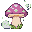 A lavender polka-dotted mushroom, an iridescent potion bottle, a pastel butterfly, a scroll with green symbols, and a sprite holding a glowing orb on a staff.