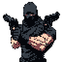 Stylized human figure in black tactical gear, aiming two pistols forward, with intense red pixel eyes visible through a balaclava.