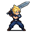 Young warrior with spiky blonde hair, fierce expression, and massive sword raised for attack.