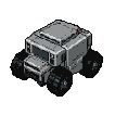 Utilitarian grey robotic vehicle making a 90-degree turn, viewed from a centered isometric perspective.
