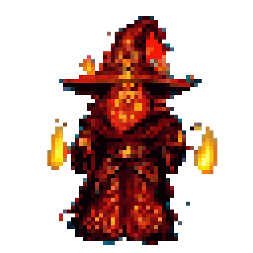 A pixel art fire mage with a pointed hat and robe made of flames, holding two fireballs.