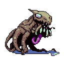 A hunched, monstrous creature with lumpy flesh, a wide snout, and sharp cyan teeth, its purple forked tongue hanging out.