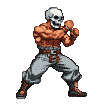 A menacing figure in a fighting stance, wearing a skull mask and grey pants.