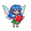 Blue-haired pixie with iridescent wings and a leafy green skirt holding a red heart.