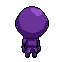 A small, vibrant purple character with a large, spherical head walks energetically to the right.