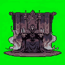 A regal, dark figure wearing a tall crown sits on an ornate, detailed throne with spires and crosses, against a solid lime green background.