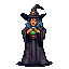 A witch with blue curly hair, wearing a pointed black hat with an orange stripe, holds a glowing green orb with cupped hands.