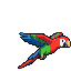 A vibrant red, blue, and green macaw with a white face and hooked beak soars with wings outstretched.