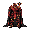 Knight in ornate armor, holding a vertical staff, stands imposingly against a solid red background.