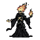 A spectral figure in dark robes stands with its head engulfed in orange and yellow pixelated flames. Its left arm is extended, holding a small flame in its palm.