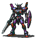 Multi-colored mecha in purple, black, and orange attacks with a gleaming sword and shield.