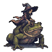 A small witch with a pointed hat and flowing robes rides a giant moss-green frog.