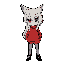 Anthropomorphic fox or wolf-like character with large red eyes, wearing red clothing, standing against a dark gray background.