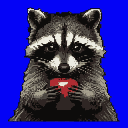 A raccoon holds a red heart in its paws against a royal blue background.