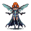 Fiery-haired woman with large, ethereal wings in an ice-blue outfit, dual-wielding pistols and performing aerial combat maneuvers.