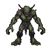 A hunched, grotesque creature with mottled green skin, sharp claws, and a snarling face with jagged teeth runs to the right, revealing a raw patch of flesh on its shoulder.