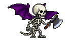 Skeletal creature with large purple bat wings and an axe running to the right.