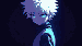 Young character with spiky white hair and blue eyes looking down, in a somber, introspective pose.