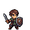 Young adventurer lunging forward with sword and shield