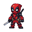Deadpool in a pixelated animation, mid-dance-attack pose with sword raised.