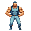 Muscular male soldier in blue-grey vest and pants, standing confidently with hands on hips.