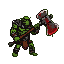 Green-skinned orc berserker mid-swing with a raised, blood-drenched axe.