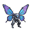 Mechanical butterfly with segmented grey body and iridescent blue-to-lavender pixelated wings in gentle flight.
