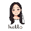 Stylized pixel portrait of a young woman with dark hair, a gentle smile, and blush on her cheeks, facing forward. The word "hello" is written below her in a stylized font.