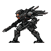 Futuristic ninja in dark armor runs with a rifle in its left hand and a blade in its right.