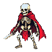 A skeletal warrior with outstretched arms holds a sword. A deep red cape flows from its shoulders against a black background.