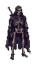 A standing skeleton wearing a dark, hooded cloak. A small dark object protrudes from behind its left shoulder. The background is a solid medium brown.