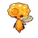 A stylized, cartoonish creature with a honeycomb-patterned head and body, small dark eyes, a translucent wing, and a warm orange background.
