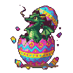 Emerald-green dragon hatching from a brightly decorated Easter egg with zigzag patterns.