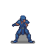 A blue-suited fighter performing a rapid punch combo in a low, powerful stance.