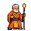 Elderly mage in an orange robe with a blue sash, holding a staff from which a fiery orb emanates.