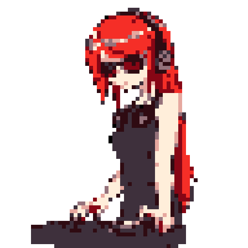 Red-haired female DJ in sunglasses and headphones, leaning forward to operate a DJ deck.