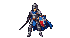 A knight in silver armor with blue accents and a dark blue cape raises a shield, holding a sword, ready for battle.