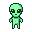 A small, luminous green alien with large, dark eyes dashes forward, its limbs in motion.