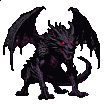 A menacing demon dragon with piercing red eyes, jagged horns, and spread leathery wings, crouches ready to strike against a black background.