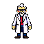 Elderly male scientist with white mustache and eyebrows, wearing glasses, a white lab coat, red tie, dark vest, blue trousers, and brown shoes, against a black background.