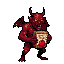 Crimson demon with sharp horns and leathery wings, offering a carton of tomato juice.