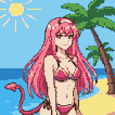 A demon girl with pink hair and small horns, wearing a pink bikini, stands on a sunny beach with a palm tree and ocean in the background.